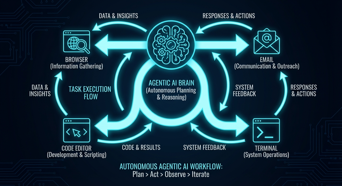 Agentic AI system diagram showing goal input, planning, tool use, and execution loop